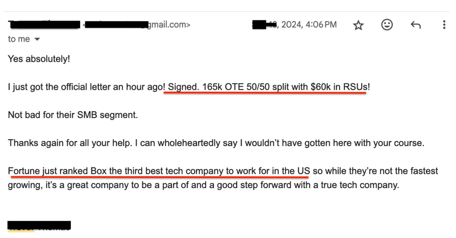 Member email celebrating a signed Box SMB offer of $165K OTE, a 50/50 split, and $60K in RSUs, and thanking Cocoon for the course