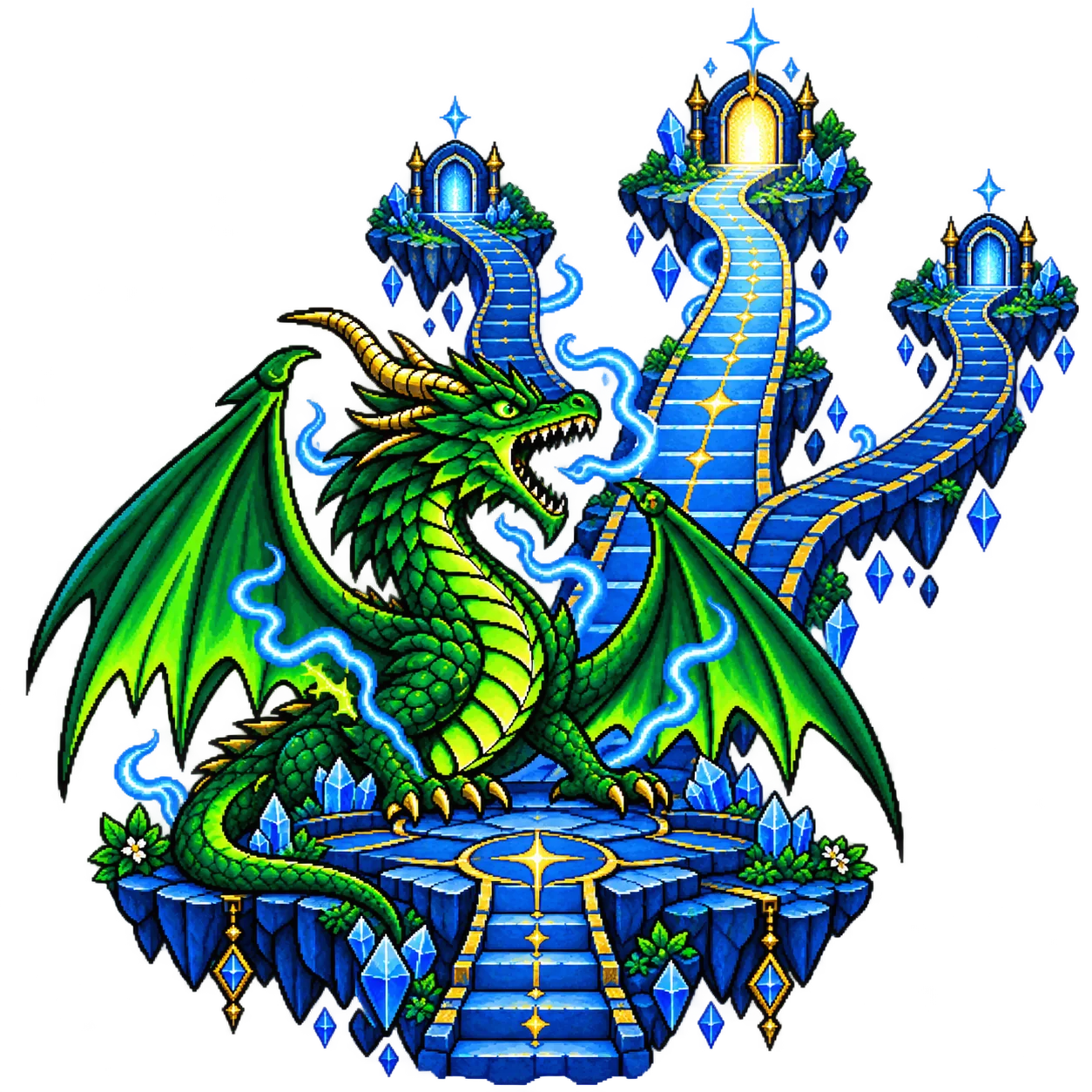 Pixel-art Cocoon dragon at three rising career paths