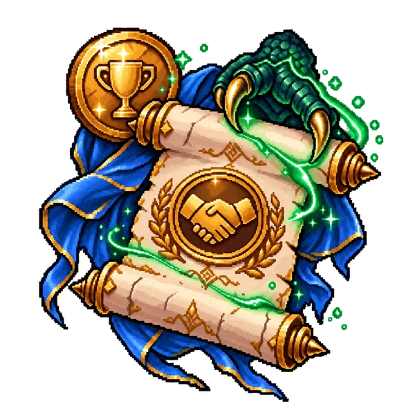 Pixel-art deal story document with a trophy