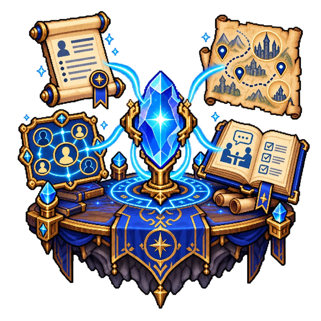 Pixel-art AI crystal connecting résumé, company map, insider network, and interview book