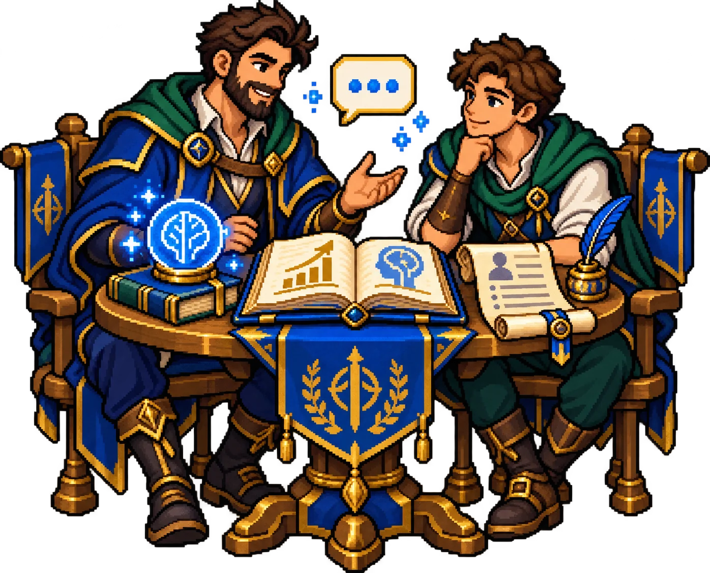 Pixel-art sales coach and member discussing a career plan