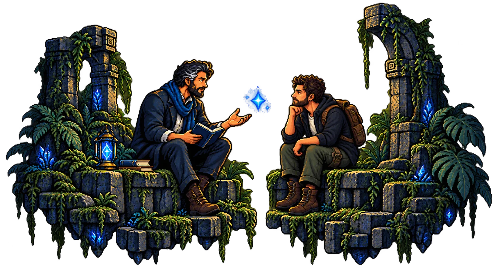 Pixel-art sales coach and member talking through a career plan