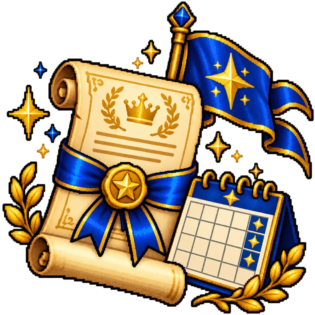 Pixel-art offer scroll and first-month calendar