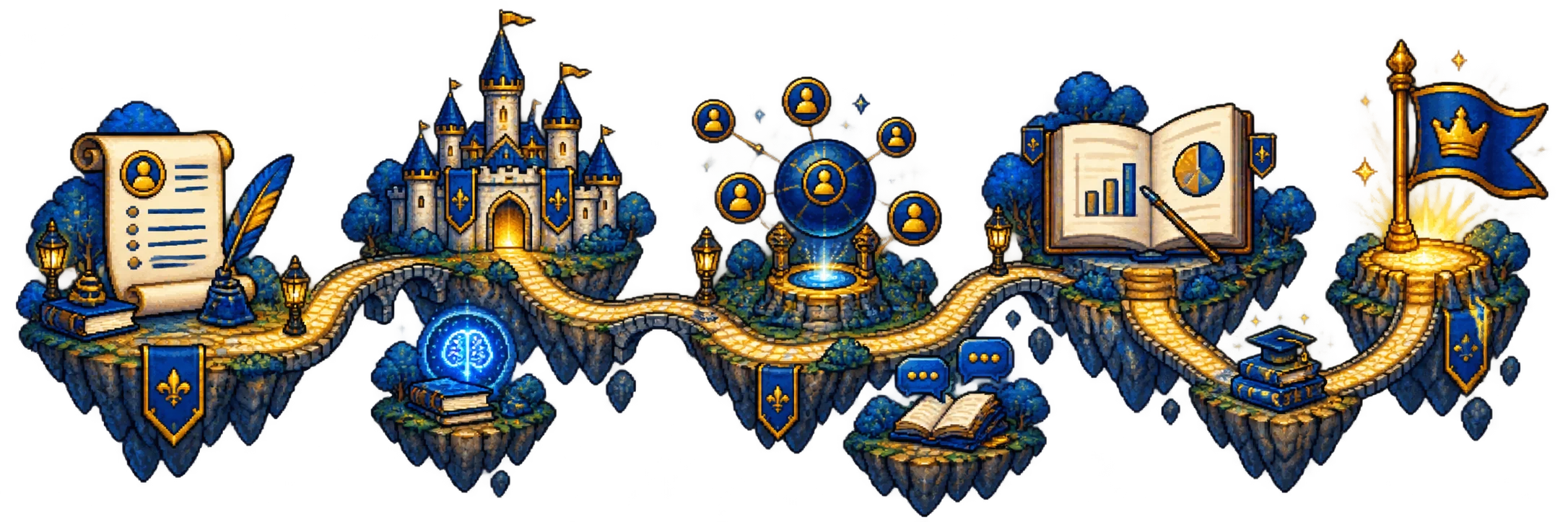 A single pixel-art path connecting résumé, target companies, insiders, interviews, and a new offer