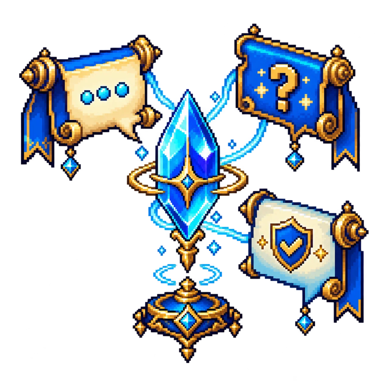 Pixel-art support messages linked by a crystal