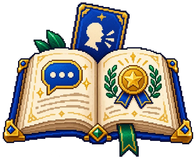 Pixel-art interview preparation book with conversation and achievement symbols
