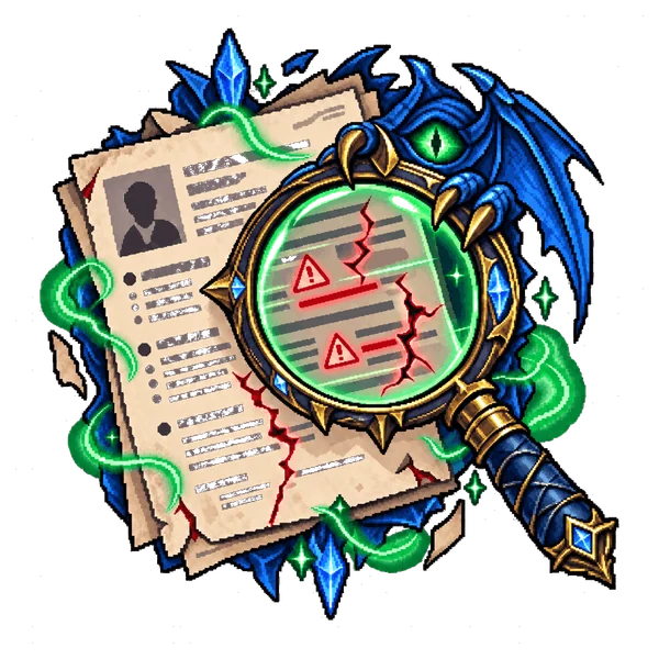 Pixel-art lens reviewing a resume for interview risks